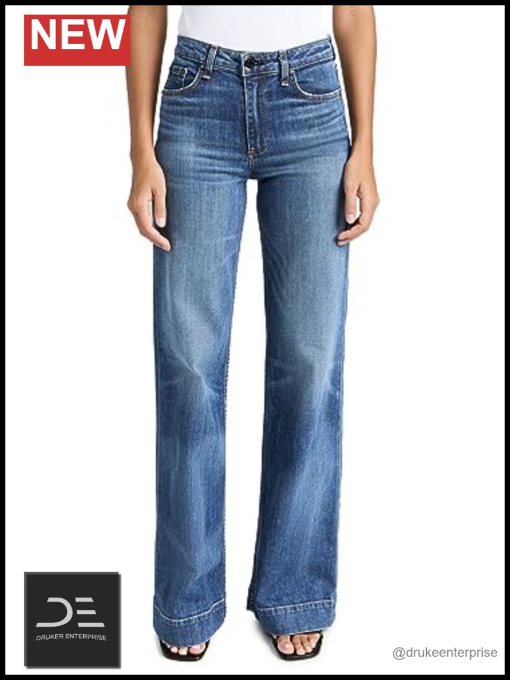 Mid-Rise Wide Leg Non-Stretch Denim Jeans with 5-Pocket Style